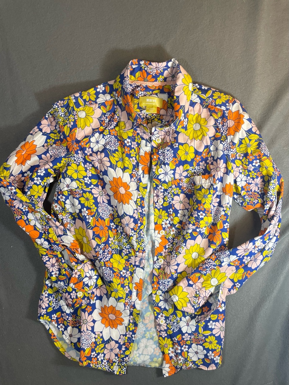 Anthropologie XXS Retro Floral Long Sleeve Button Down Shirt Blue Yellow PTP 17